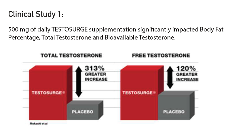 Testosurge clinical study 1: 313% greater increase in total testosterone, 120% greater increase in free testosterone vs placebo