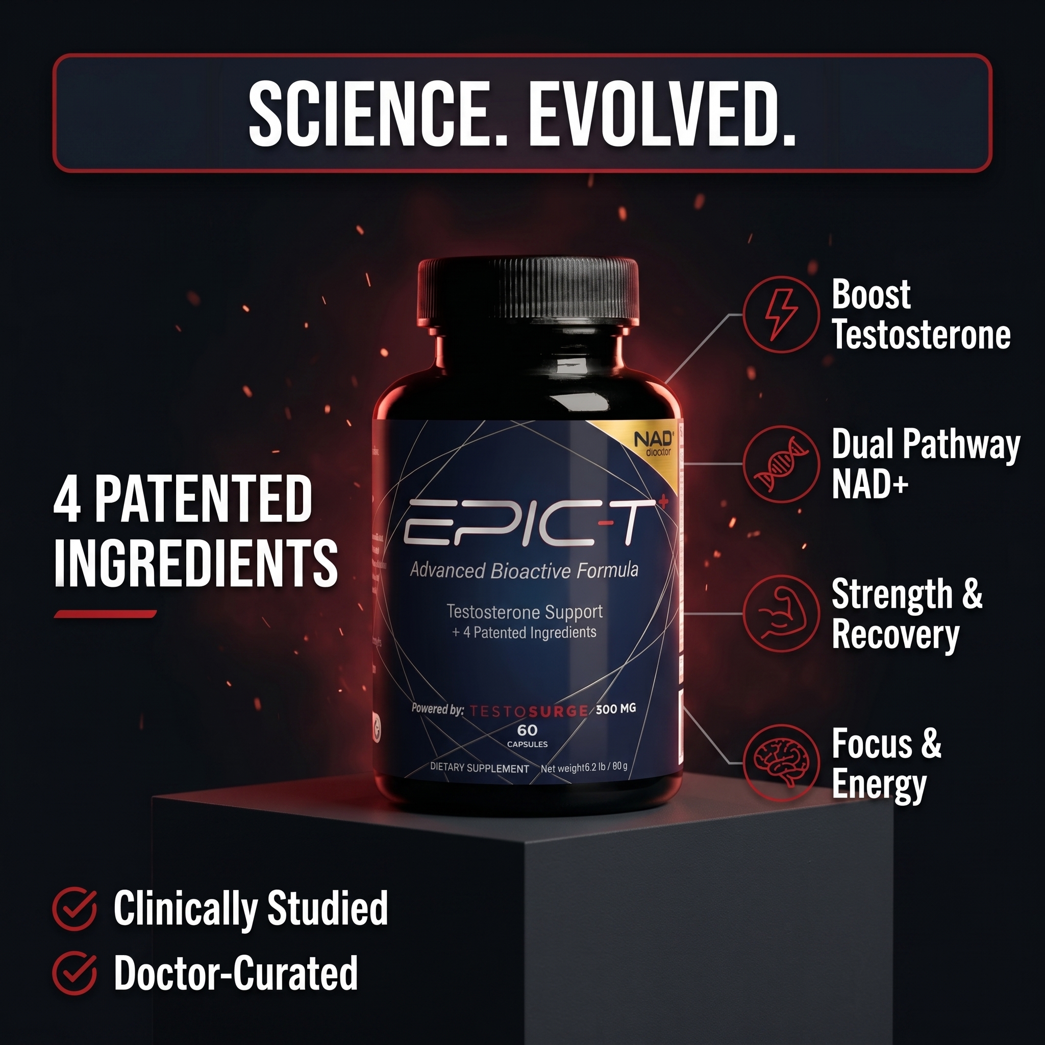 EPIC-T+ Science Evolved — 4 patented ingredients, boost testosterone, dual pathway NAD+, strength & recovery, focus & energy