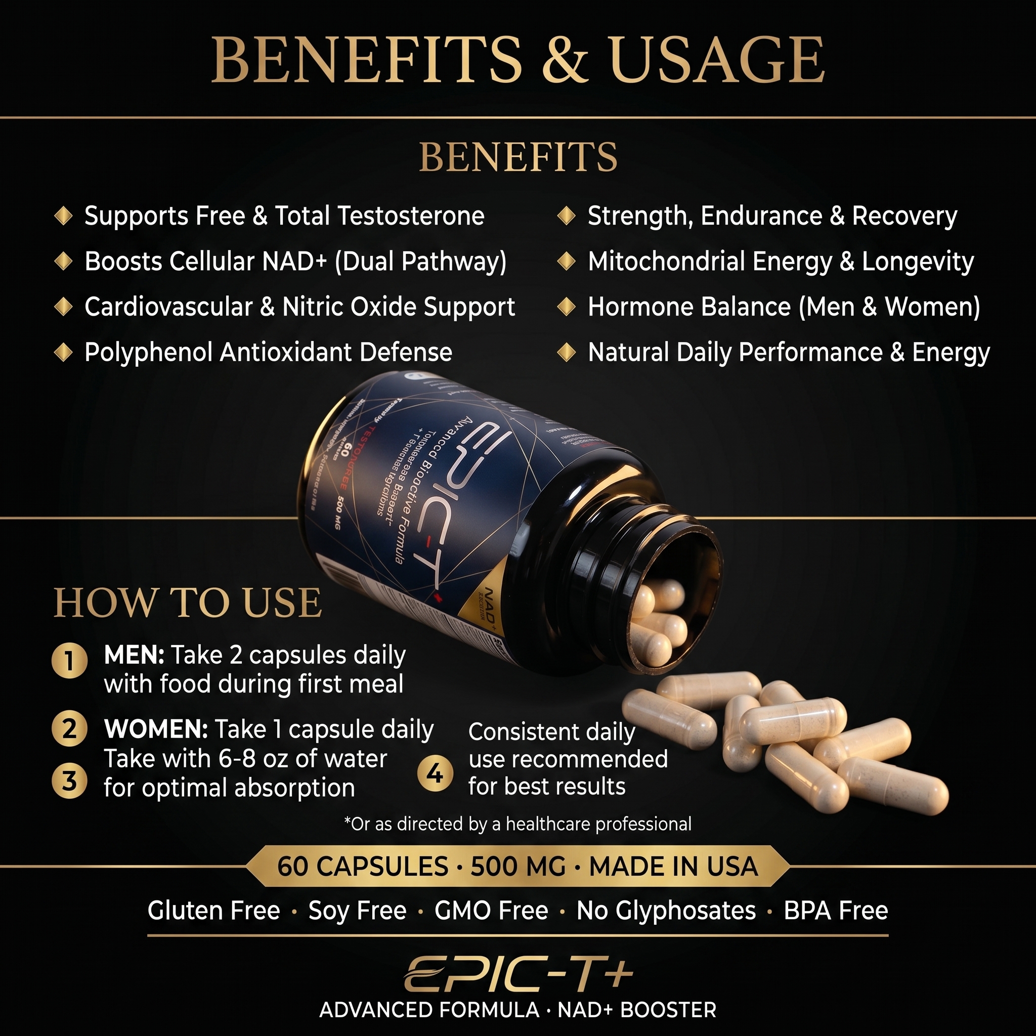 EPIC-T+ Benefits & Usage — supports free and total testosterone, dual pathway NAD+, cardiovascular support, strength and recovery, men 2 capsules and women 1 capsule daily