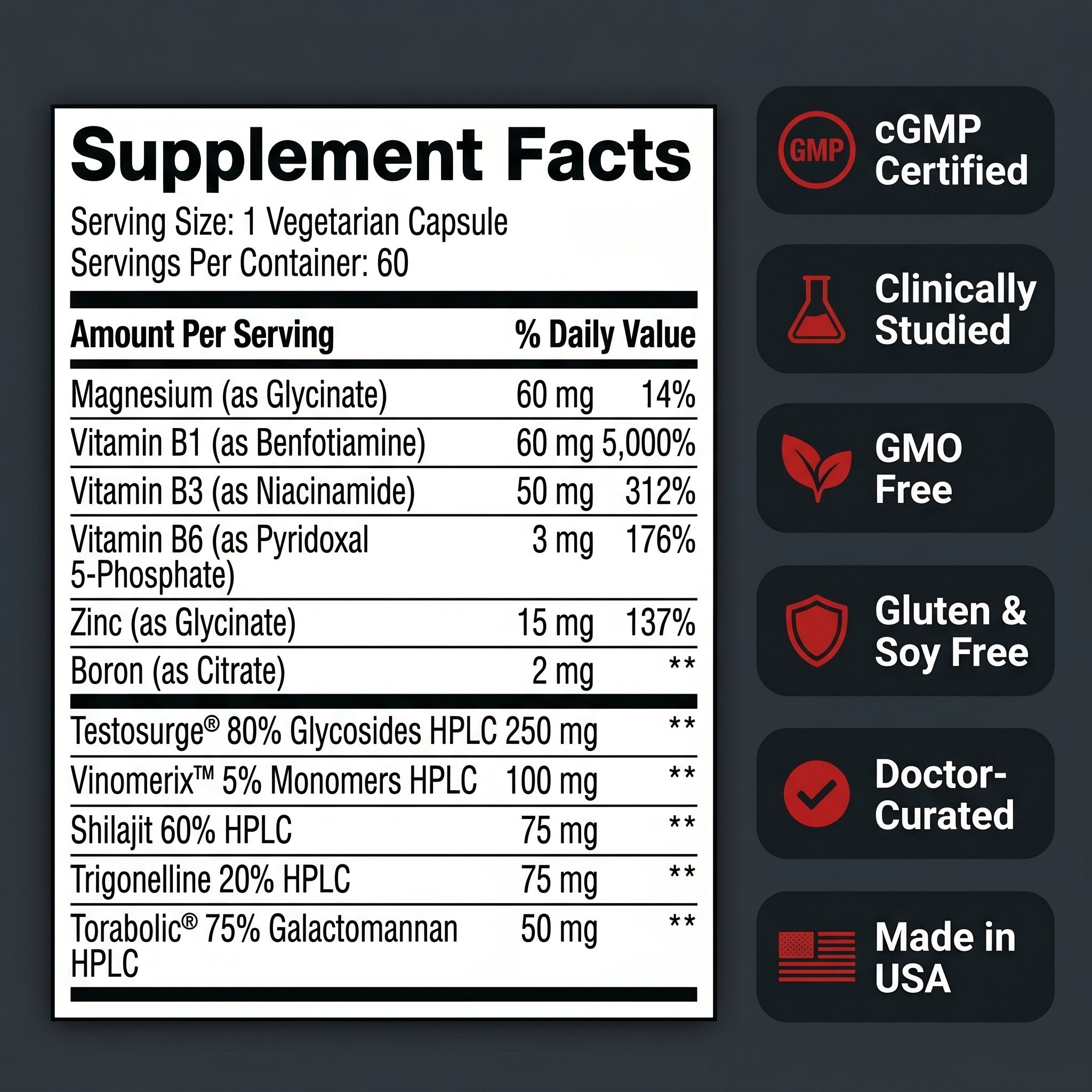 EPIC-T+ Supplement Facts panel — full ingredient dosages with cGMP, clinically studied, GMO free, gluten & soy free, doctor-curated, Made in USA badges