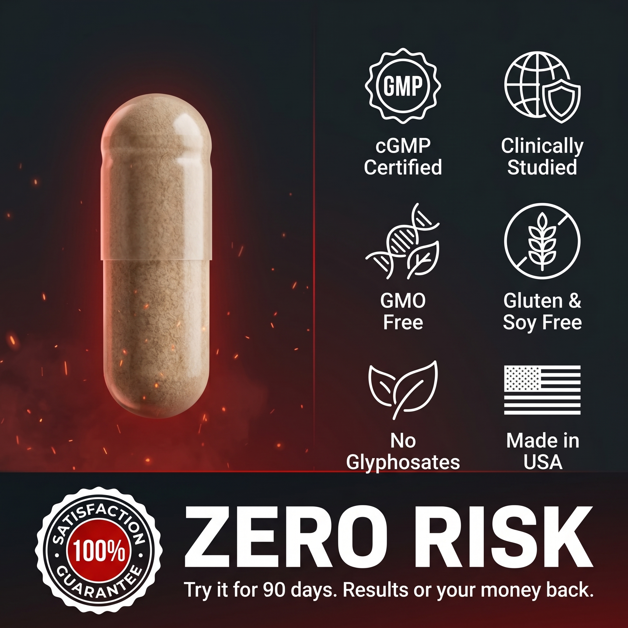 EPIC-T+ trust and quality — cGMP certified, clinically studied, GMO free, gluten & soy free, no glyphosates, Made in USA, 100% satisfaction guarantee, zero risk 90-day money back