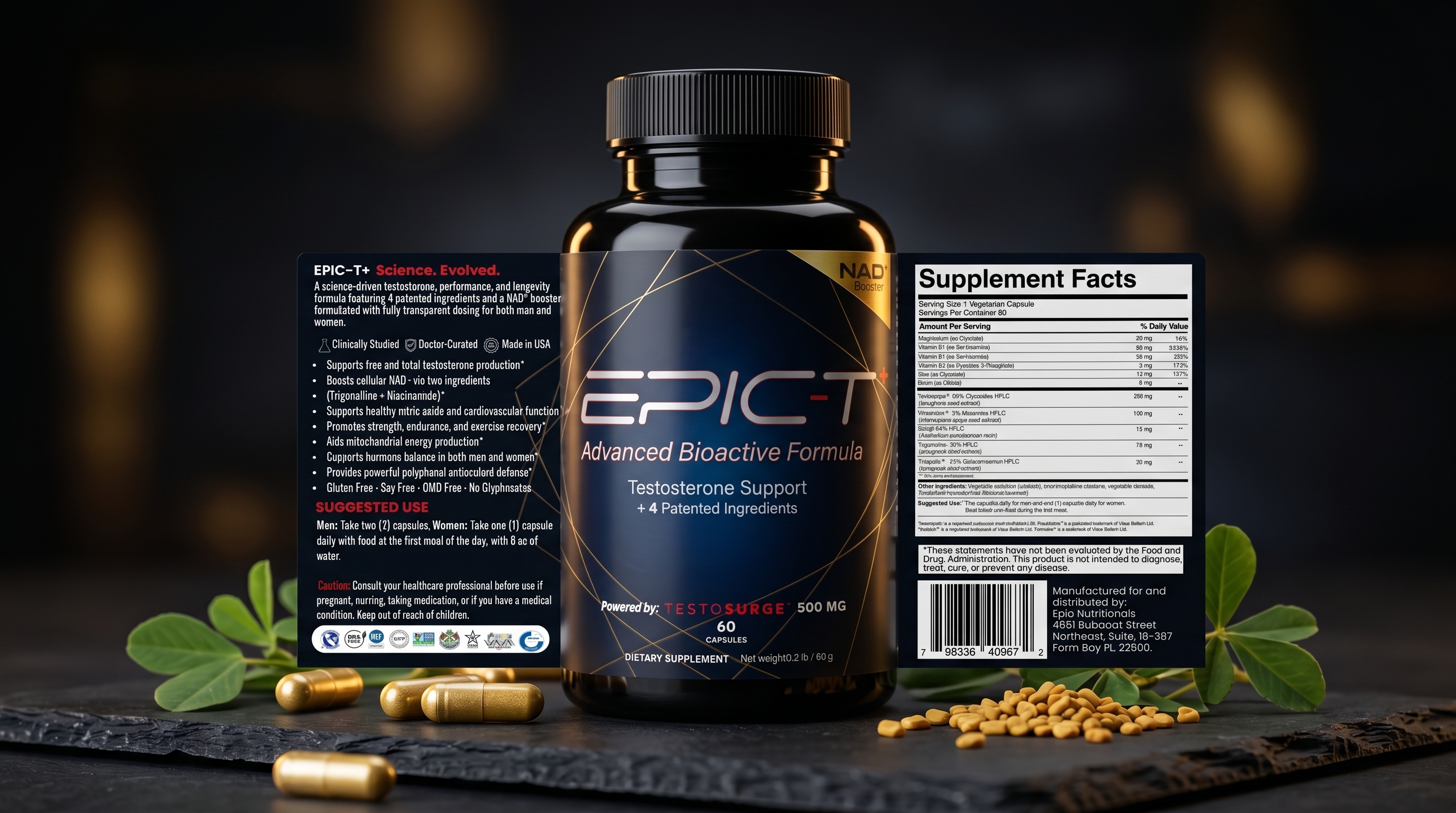 EPIC-T+ lifestyle shot — bottle with capsules, supplement facts panel, and full ingredient benefits overview
