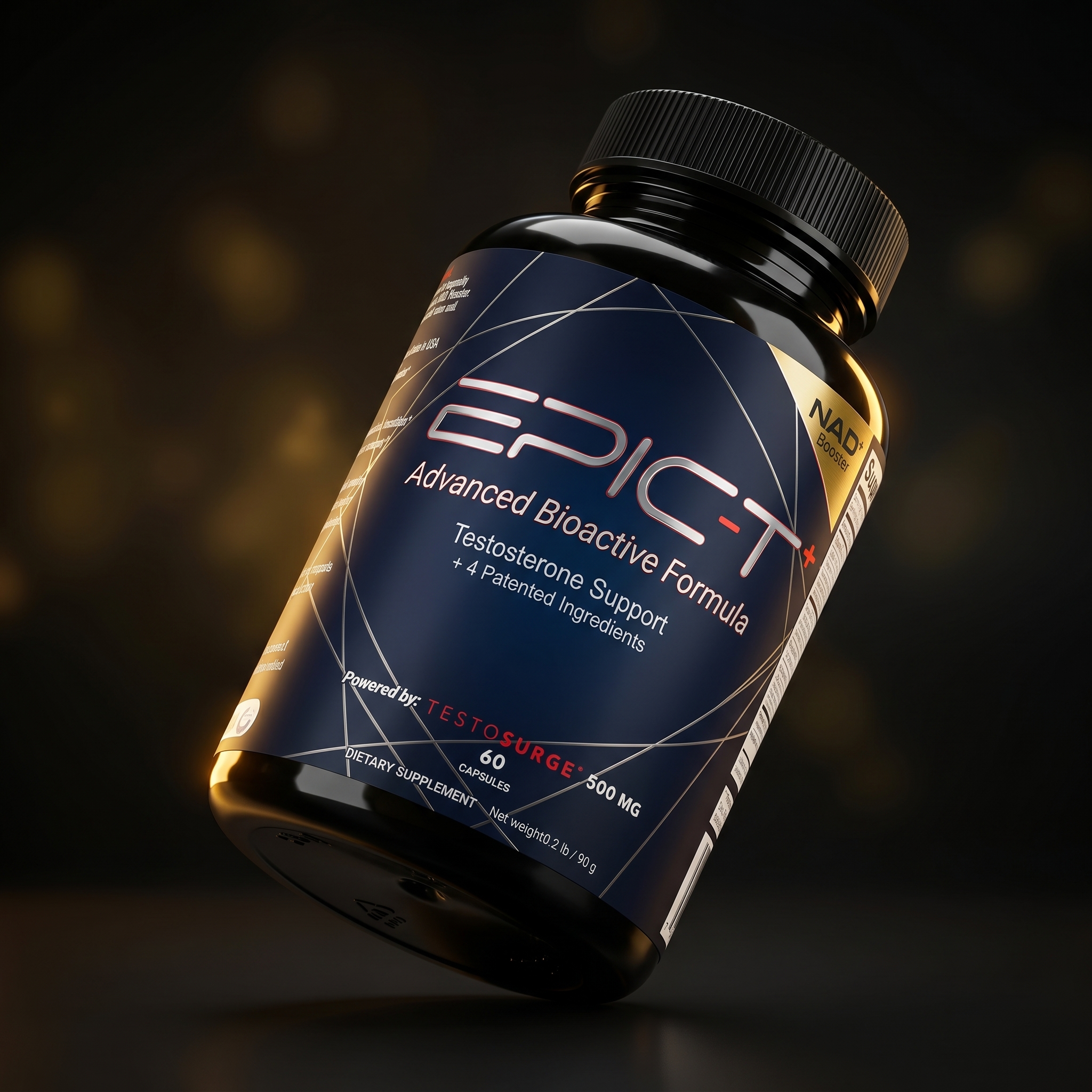 EPIC-T+ bottle tilted view — Advanced Bioactive Formula with Testosurge 500mg, NAD⁺ booster, 60 capsules